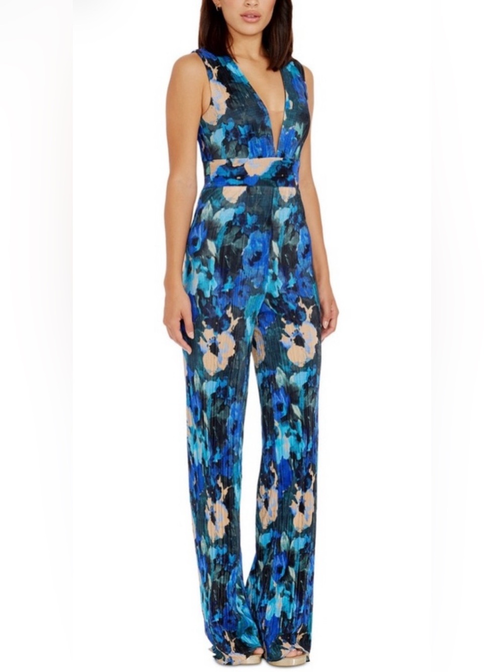 Dress the Population Blue Floral Plunge V-Neck Jumpsuit
